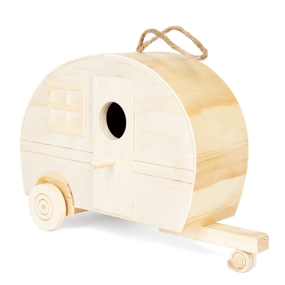 Hello Hobby Vintage Camper Birdhouse, Unfinished Rounded Wood