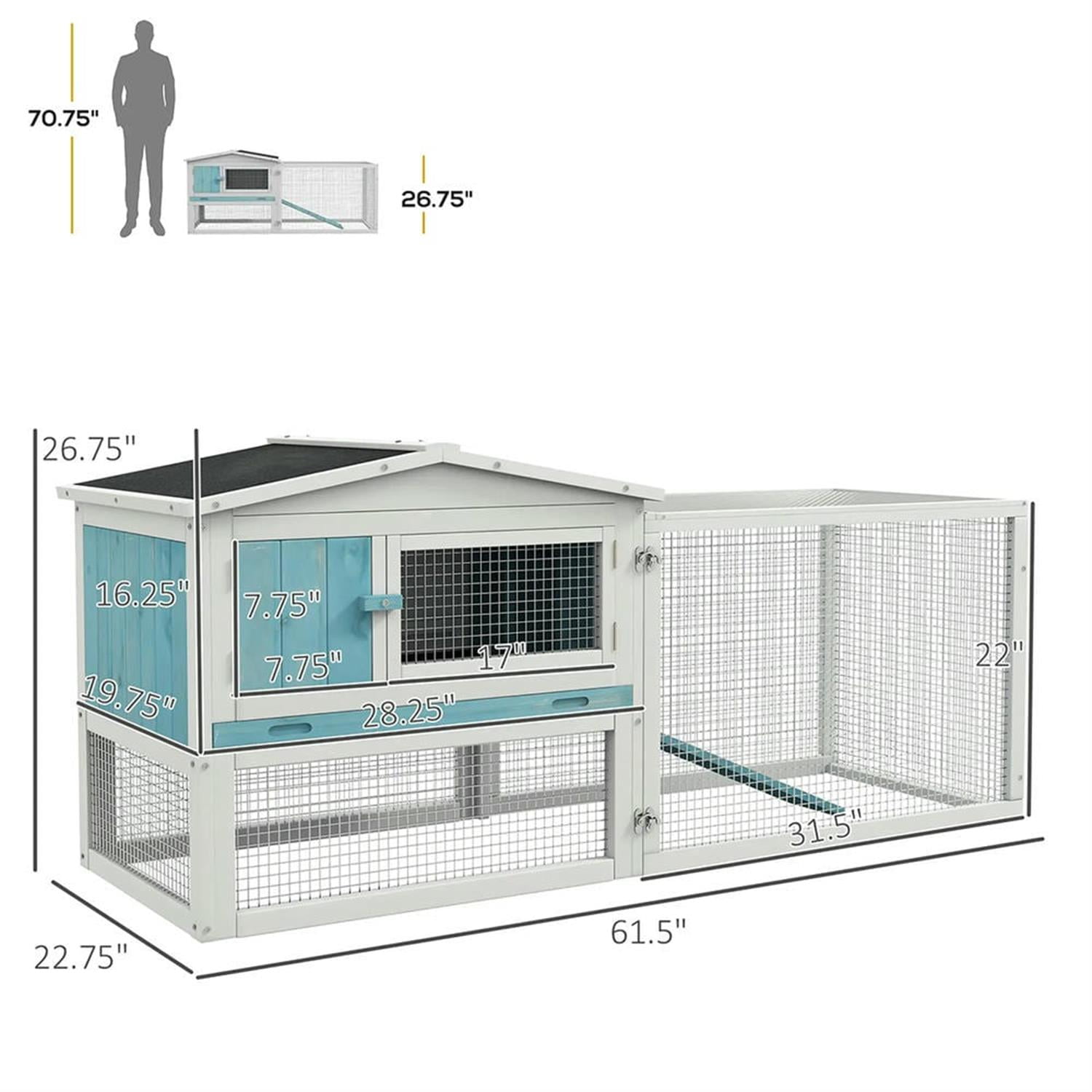Kadyn 61" 2-Story Wooden Rabbit Hutch with Slide-out Tray, Outdoor Small Animal Habitat Enclosure Bunny Cage for Bunnies, Guinea Pigs, Blue