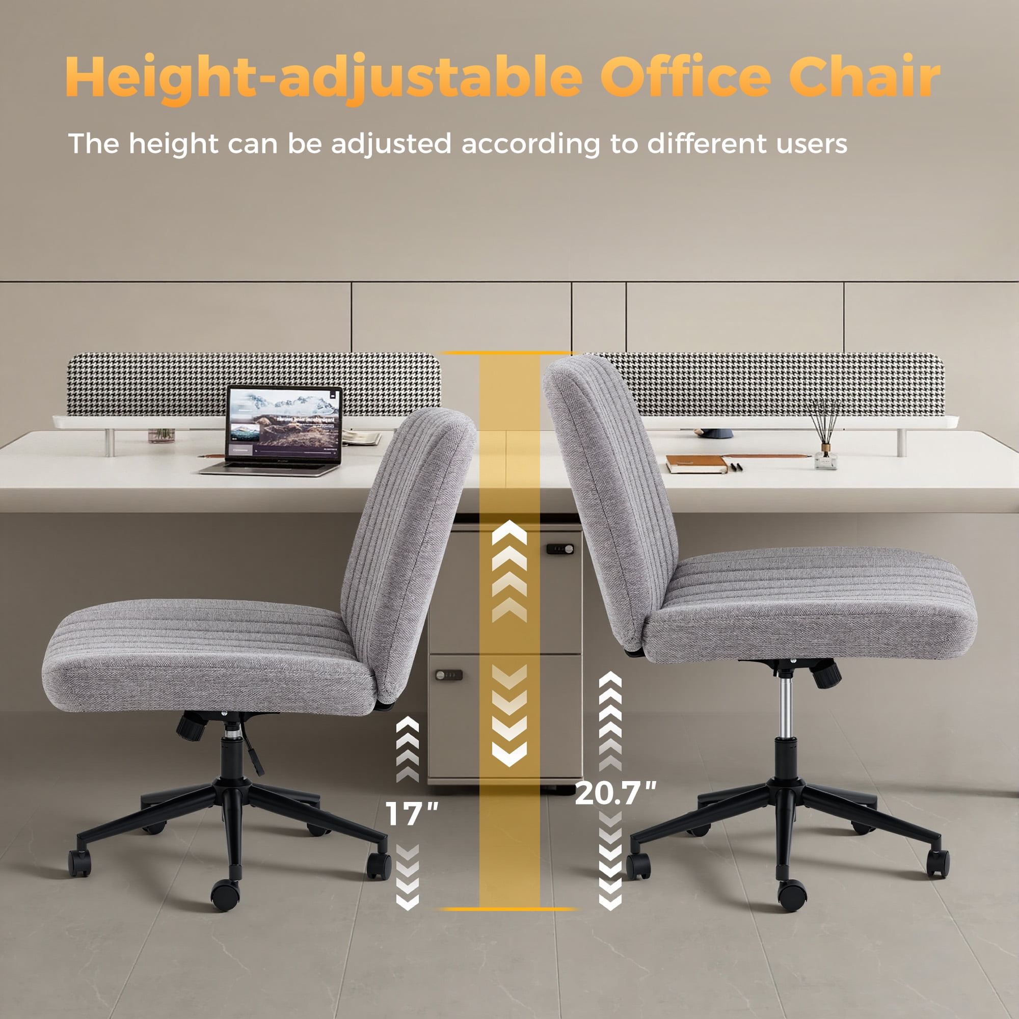 Office Chair Armless Criss Cross Legged Chair with Wheels, Comfy Home Office Desk Chairs, Adjustable Swivel Padded Fabric Vanity Task Computer Chair,Gray