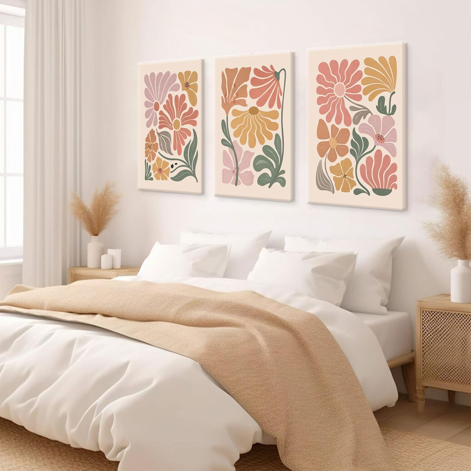 Boho Flower Canvas Wall Art Abstract Floral Pictures Prints Set of 3 Minimalist Botanical Painting Poster Flower Market Aesthetic Wall Decor for Living room Bedroom 12"x16" Framed