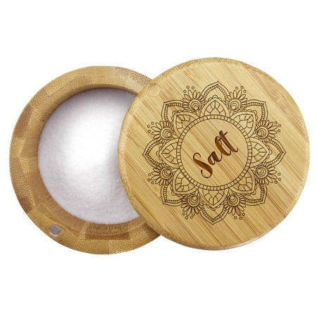 

Totally Bamboo Salt Cellar Bamboo Storage Box with Magnetic Swivel Lid Mandala Flower Engraved on Lid