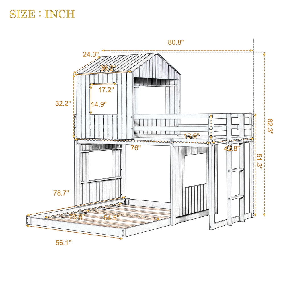 Kepooman Living Harlan Wood Loft Bed, Twin Over Full Bunk Bed, Loft Bed with Playhouse, Farmhouse, Ladder and Guardrails, White Kepooman Living Harlan Wood Loft Bed, Twin Over Full Bunk Bed, Loft Bed with Playhouse, Farmhouse, Ladder and Guardrails, White