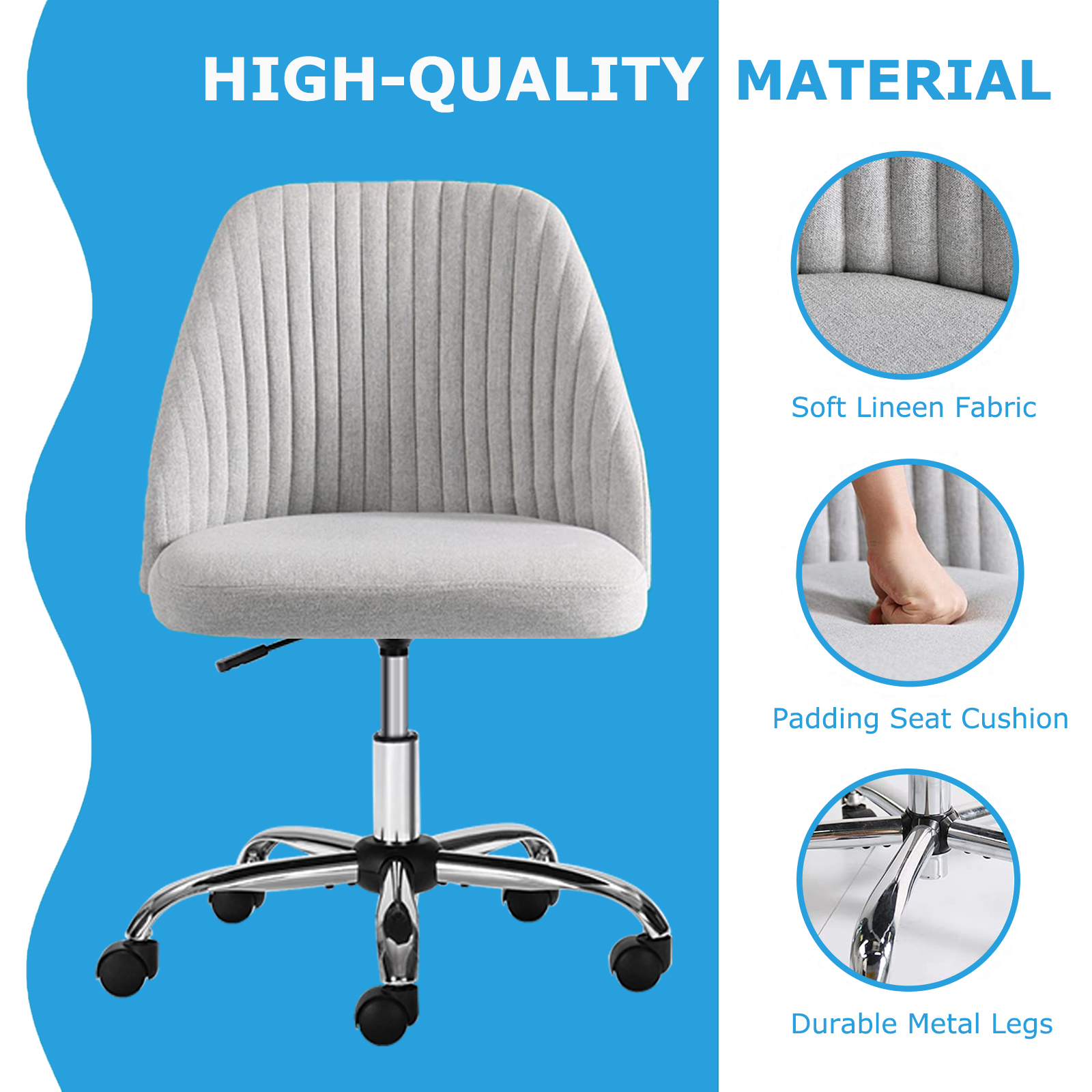 edx Vanity Chair Armless Desk Chair with Wheels, Gray photo 4