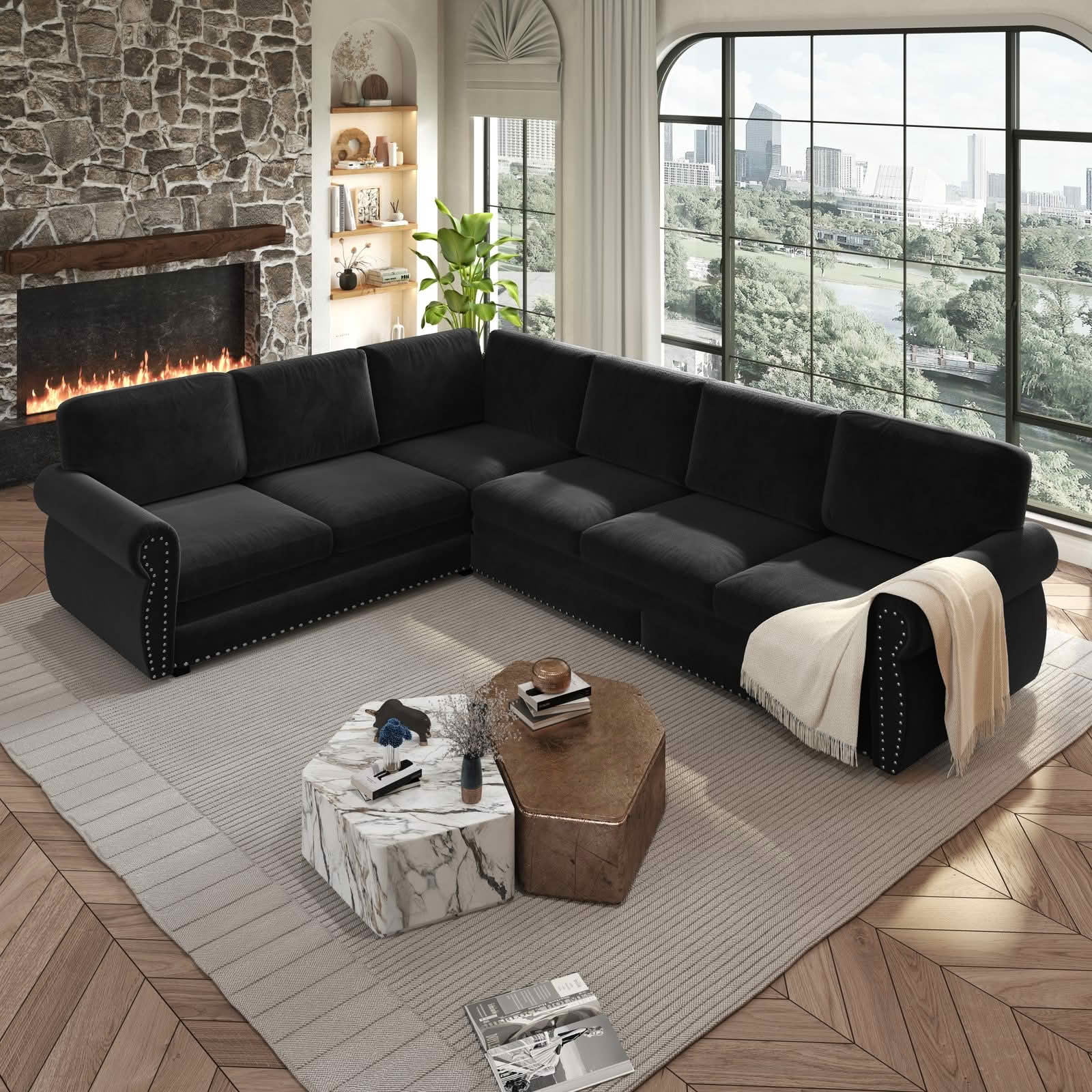 MAYEERTY 118" L‑Shaped Convertible Pull‑Out Sofa Bed, Chenille Sectional Couch with Nailhead Trim & Rolled Arms, Oversized Multifunctional Sleeper Sofa
