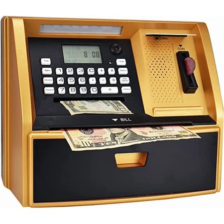 Talking ATM Savings Bank, Digital Piggy Bank, ATM Money Coins Machine for Kids Birthday Gift (Black/Golden)