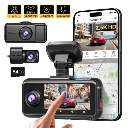 REDTIGER A6 3 Channel Dash Cam, Touch Screen, 2.5K 1080P 1080P Dash Cam Front and Rear Inside, 64GB Card, Triple Dash Camera with WiFi & GPS, Loop Recording, Night Vision