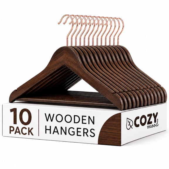 Cozymood Wooden Hangers 10 Pack, Natural Wood Coat Hangers with 360° Rose Gold Swivel Hooks, Heavy Duty Suit Hangers with Non-Slip Shoulder Notches for Closet Organization
