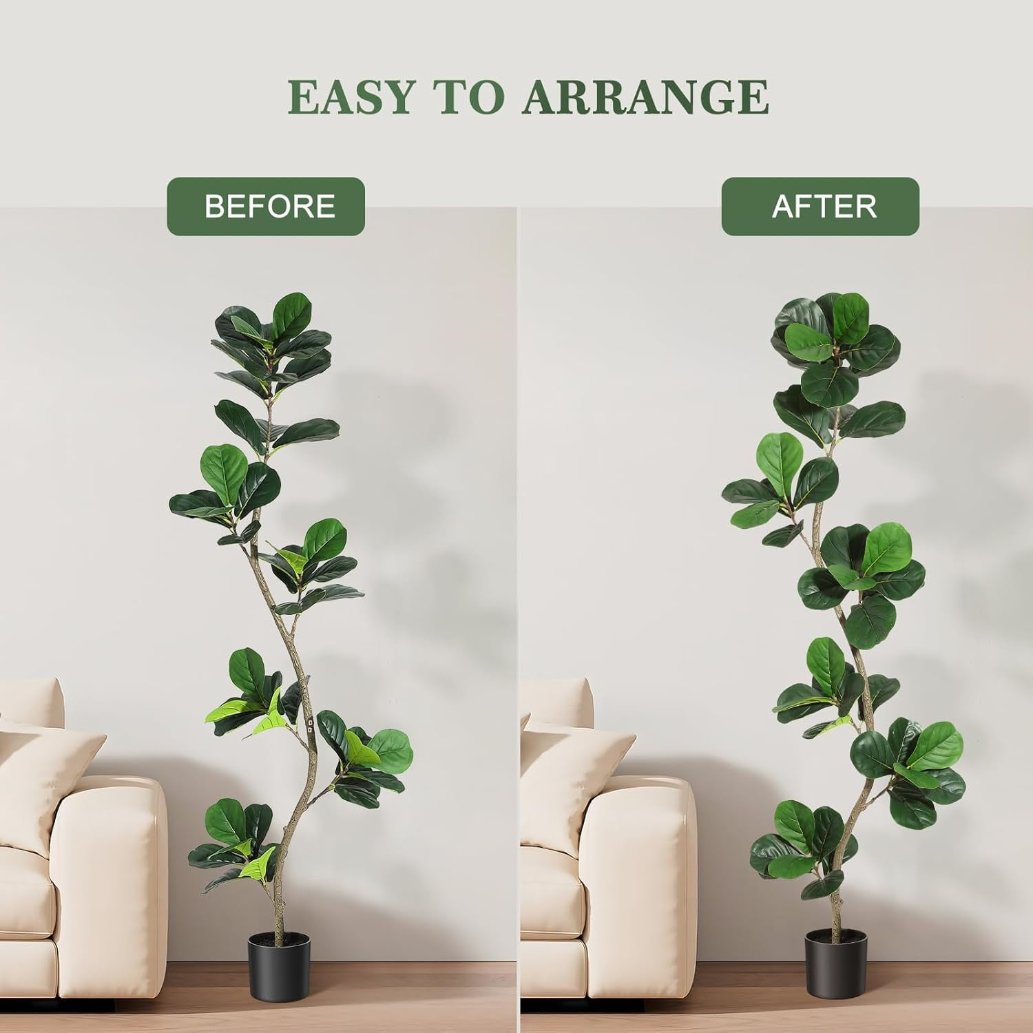 Artificial Fiddle Leaf Fig Tree - Home Fake Plant with Black Planter, Large Floor Plants for Home or Office Decor - Artificial Plants Indoor