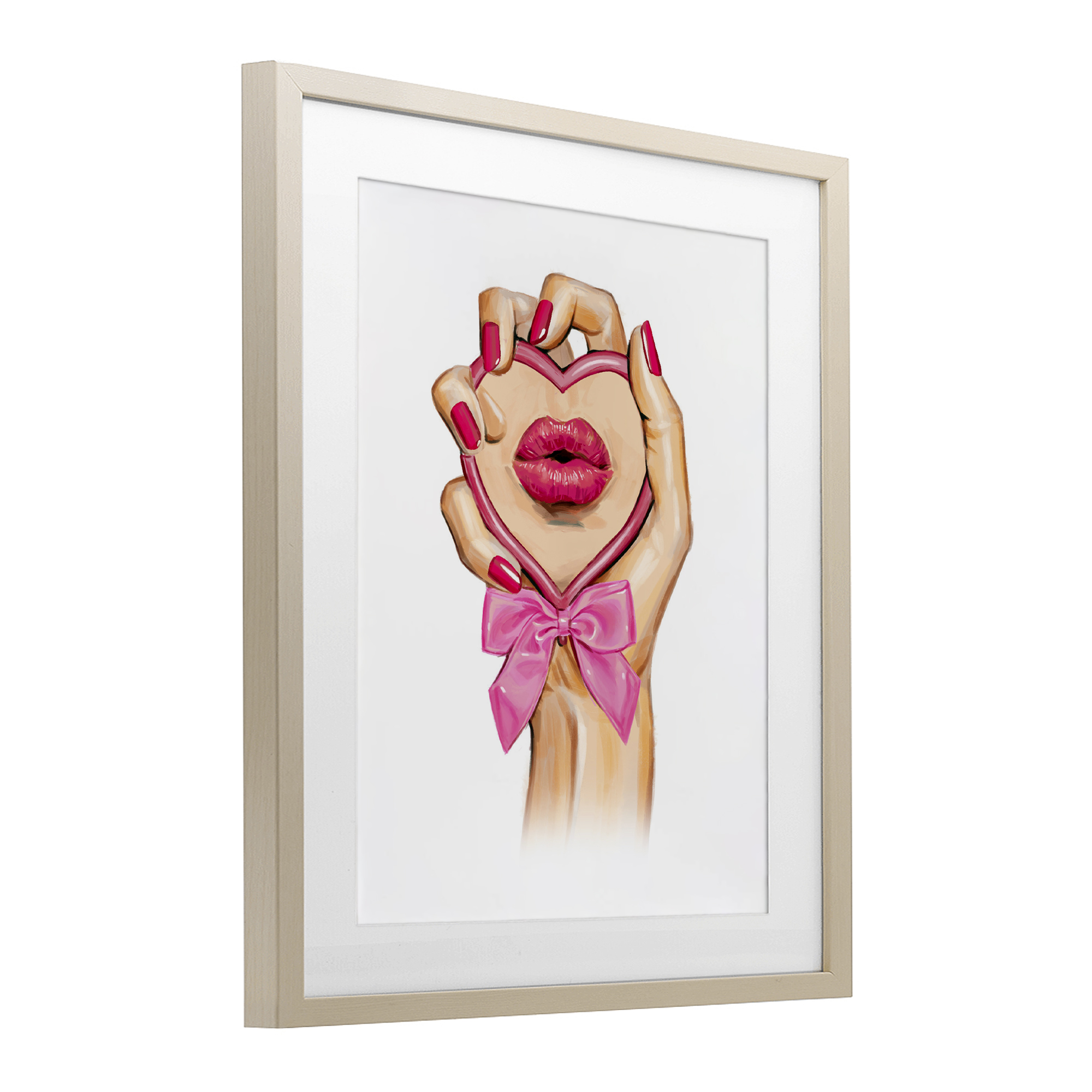 Pink Lips in Mirror Birch Framed Print Under Glass, design by Ziwei Li