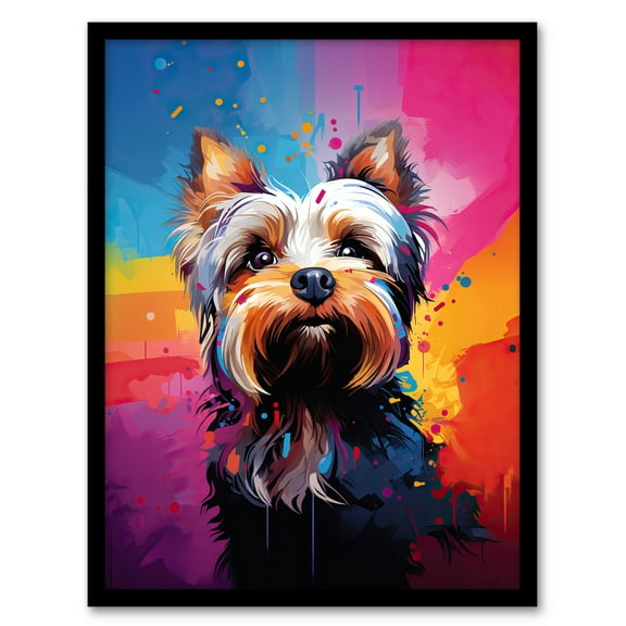 Yorkshire Terrier Dog Lover Gift Pet Portrait Rainbow Colours Artwork Painting Art Print Framed Poster Wall Decor 12x16 inch
