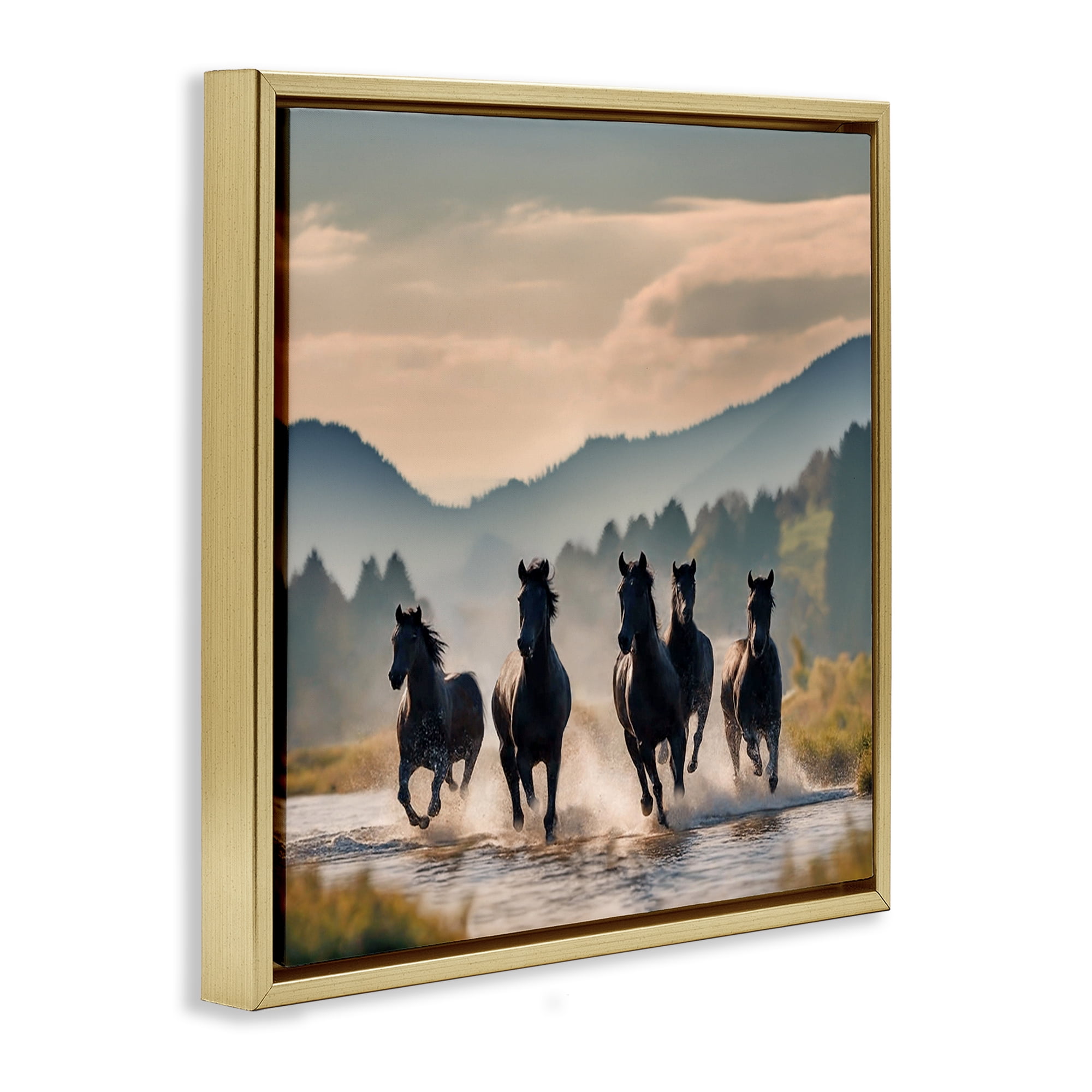Stupell Industries Canyon Stallions Trotting Animals Painting Gold Floater Framed Canvas Art Print Wall Art, 18 x 18
