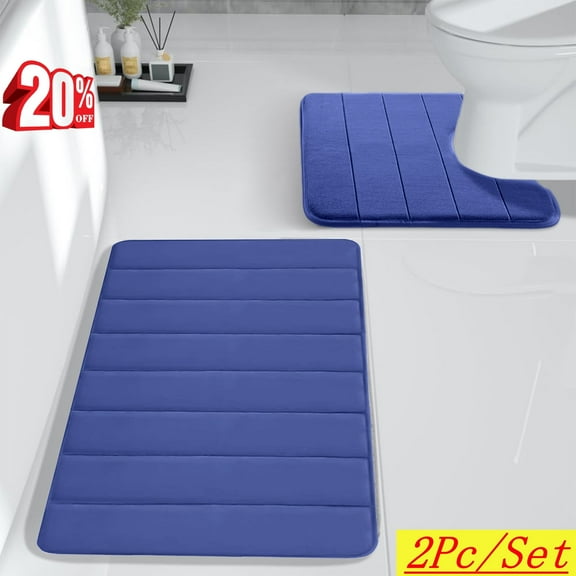 Djiypn 2 Pcs Bath Mat Set,Memory Foam, Non-Slip ,Washable Easier to Dry ,100%Polyester,Blue,236g