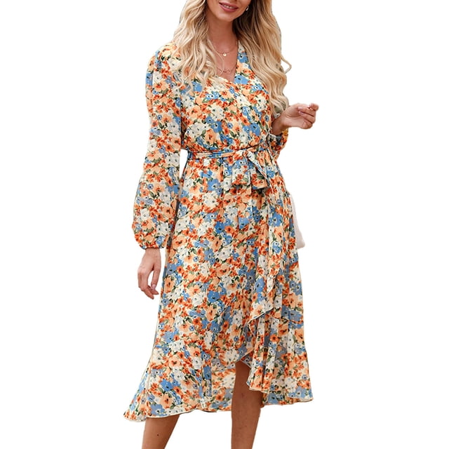 Vestido PRETTYGARDEN Floral Boho Cruzado Cuello en V Manga Larga Talla L