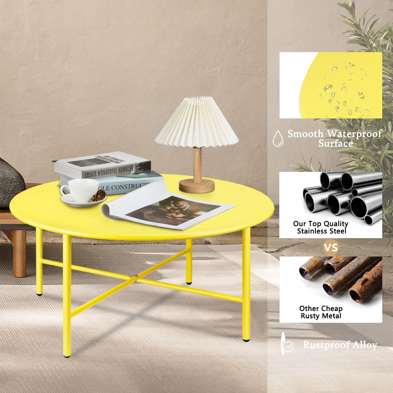 CERBIOR Patio Round Steel Coffee Table, Weather Resistant Anti-Rust and Waterproof Indoor and Outdoor Large Side Table, for Garden Living Room Bedroom Balcony（Lemon Yellow）