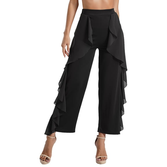 Doomiva Women's Latin Dance Pants Tango Salsa Samba Dance Pantskirt Flowy Trousers Belly Dance Pants Black M