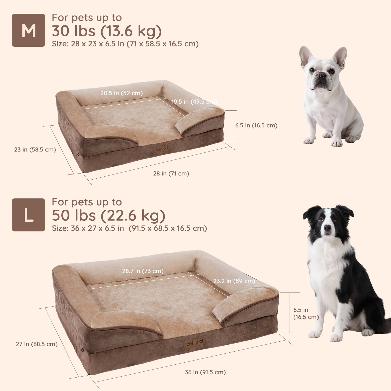 BELLA & PAL Orthopedic Dog Bed for Large Medium Dogs – No Assembly Needed, Egg-Crate Foam Dog Couch with Waterproof Liner, Washable Removable Cover, Non-Slip, 36"x27"x6.5", Mocha