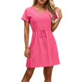 thumbnail image 1 of Women's Swimsuit Cover Ups - V Neck Drawstring Slit Eyelet Embroidery Beach Dress, Flowy Short Sleeve, 1 of 5