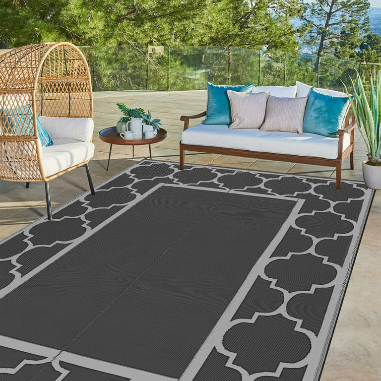  Outdoor Rug Carpet Waterproof 8x10ft Patio Rug Mat Indoor  Outdoor Area Rug for RV Camping Picnic Reversible Lightweight Plastic Straw Outside  Rug for Patio Decor Decoration Boho Rug Black White 