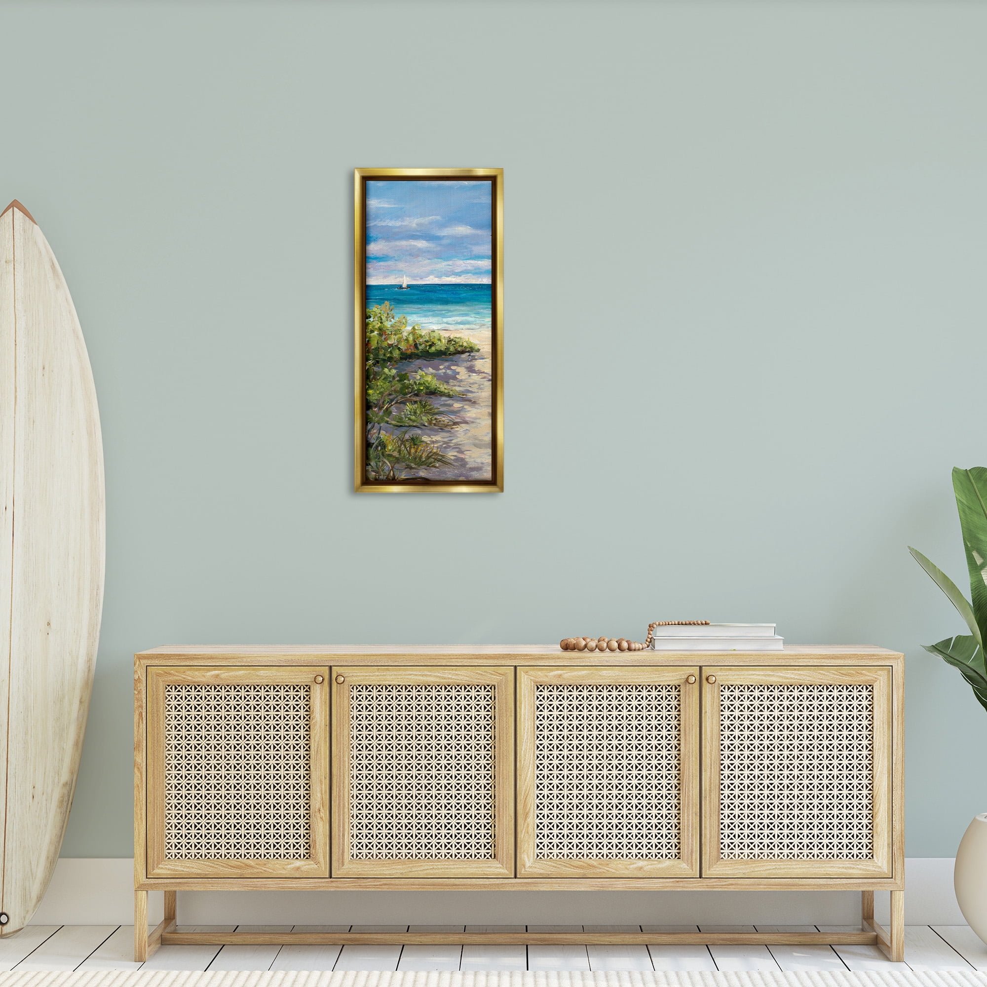 Stupell Industries Grassy Beach Shore Landscape Painting Gold Floater Framed Canvas Art Print Wall Art, 15 x 31