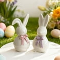 thumbnail image 5 of Easter Ceramic Rabbit Figurine, White Porcelain Easter Bunny Statue with Colorful Bow Small Bunnies Sculpture Modern Art Crafts for Spring Home Party Tabletop Decorations - 4.6 inch, 5 of 8