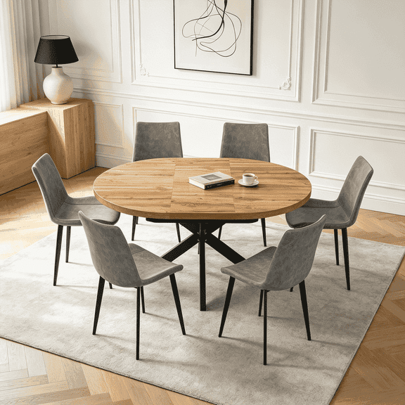 43.2"-59.2" Extendable Round Dining Table Set for 4-6,7 Piece Mid Century Modern Round Kitchen Table Set with 6 Upholstered Chairs for Kitchen Living Room, Space Saving