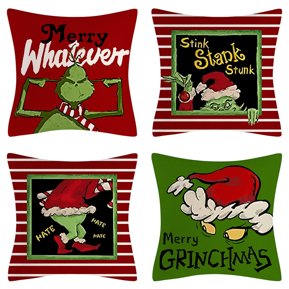 Grinch Pillow Covers Grinch Throw Covers Grinch Pillow Case 18 X 18 The Grinch Pillow Merry Grinchmas Cushion Case Decoration for Sofa Couch Set of 4