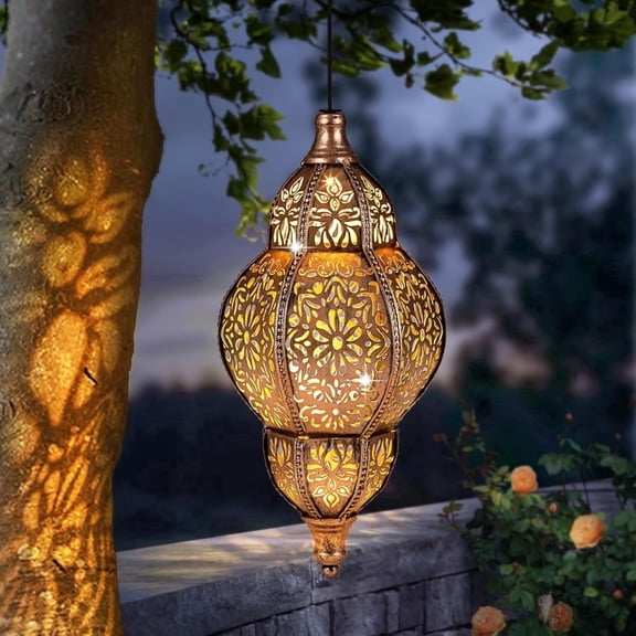 Lysliv Hanging Solar Lantern Outdoor Decor, Moroccan Solar Lights for Outside Garden Decorations, Waterproof Lanterns Garden Gifts for Mom, Women, Patio, Yard Ornament