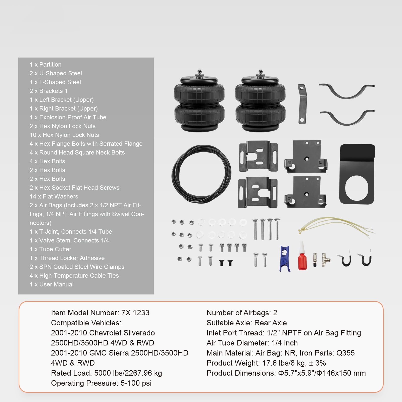 KFFKFF Air Cushioning Setup, Compatible with 2001-2010 Chevrolet Silverado 2500/3500HD & GMC Sierra 2500/3500HD 4WD RWD, Supports up to 5000 lbs, Adjustable 5-100 PSI