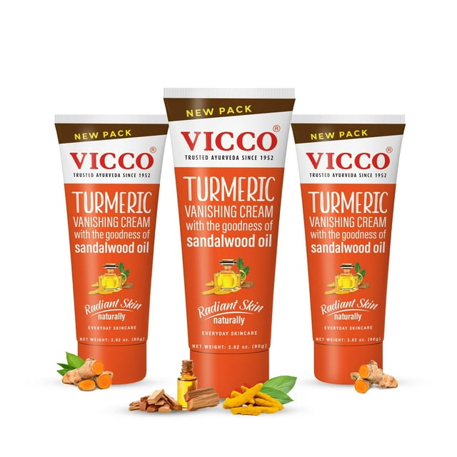 Crema hidratante facial Vicco Turmeric con aceite de sándalo, 80 g, paquete de 3