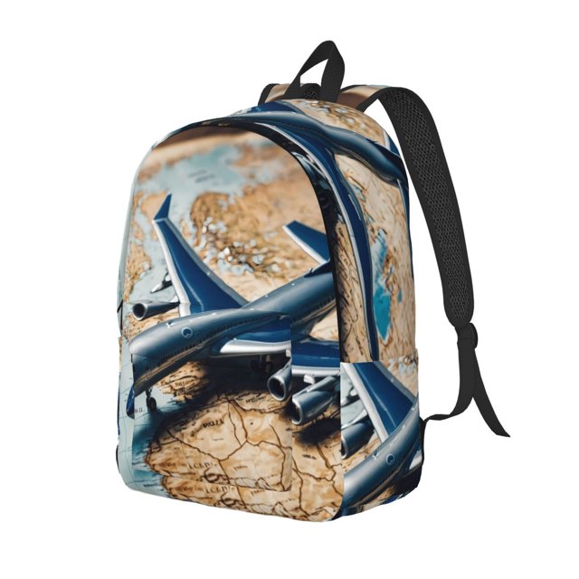 Balery Airplane World Map Adventure Mochila Clásica Impresa Básica para Viaje, Mochila Escolar Resistente al Agua, Mochila de Lona con Correas Ajustables-Small