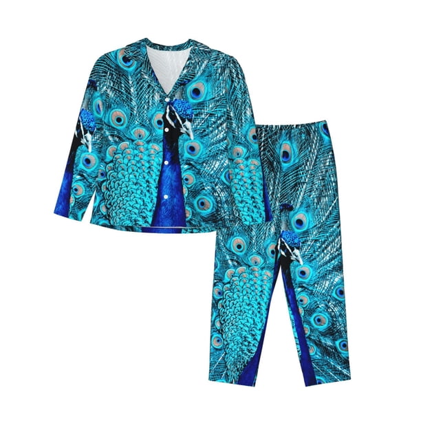 Fotbe Beautiful Blue Peacock Conjunto de Pijama de Manga Larga para Mujer con Estampado, Ropa de Dormir de 2 Piezas, Conjunto de Casa Suave y Cómodo con Bolsillos-Large