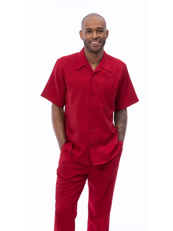 Montique Red Walking Suit Solid Color Short Sleeve Shirt Men's Leisure Suit 696