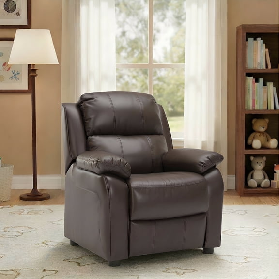 Snugway Kids Recliner,Kids Ages 2-7,Faux Leather Armrest Storage and Footrest,Brown
