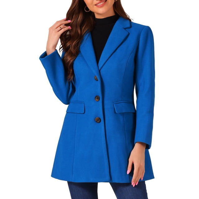 Abrigo de mujer INSPIRE CHIC de color sólido con solapa muesca y un solo botón, abrigo de invierno en azul profundo M