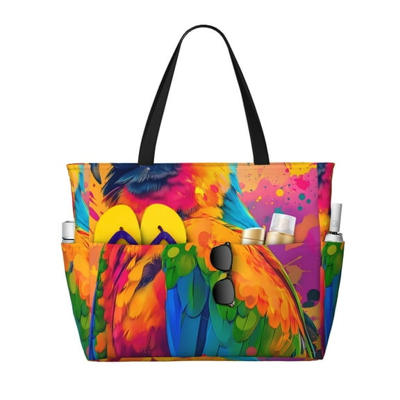KLL Colorful Parrot Jungle Dream A Print Large Beach Tote Bag Women Waterproof Sandproof Zipper Beach Tote Bag for Pool Gym Grocery Travel with Wet Pocket