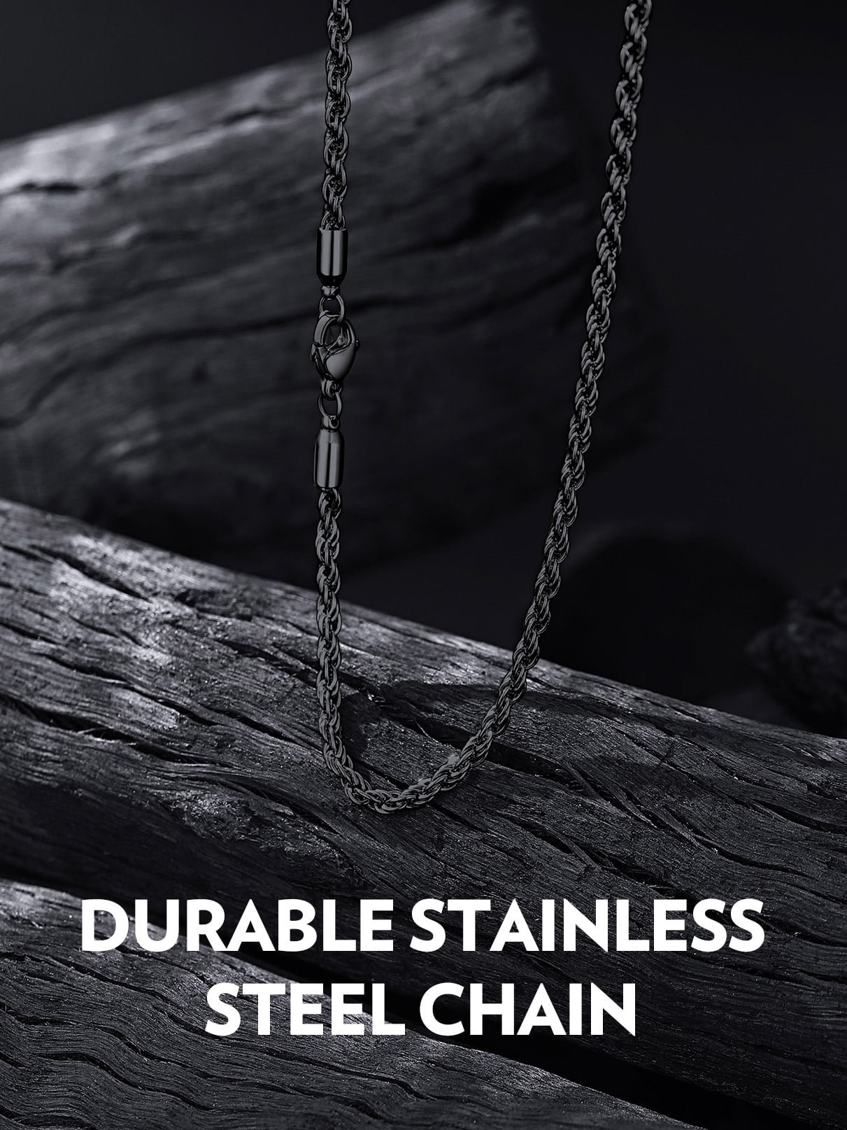Bandmax 3MM Black Women Men Rope Chain Necklace 20 Inch Stainless Steel Twist Chain for Small Pendant Birthday Gift for Men Women