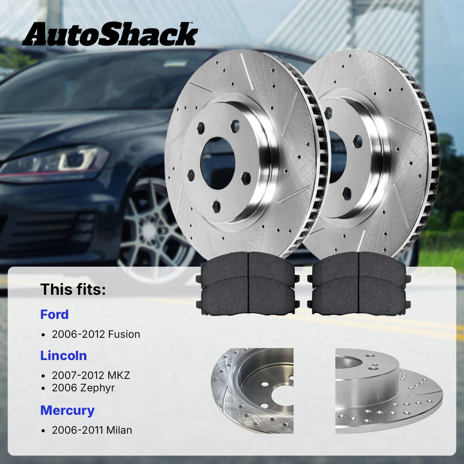 AutoShack Front Brake Rotors & Ceramic Pads for Ford, Fusion 2006-2012, AWD FWD L4 2.3L 2.5L V6 3.0L 3.5L - Silver Zinc Coated Drilled & Slotted - SilverShield Pro - 11.77" (299 mm), 5-Lug