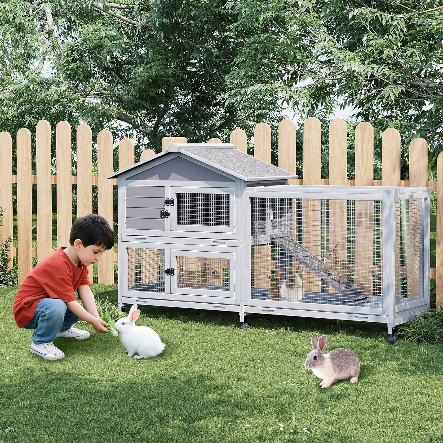 Rabbit Hutch with Weatherproof Roof, Bunny Hutch with 6 Lockable Caster Wheels & Pull-Out Tray, Rabbit Cage for Indoor Outdoor Use