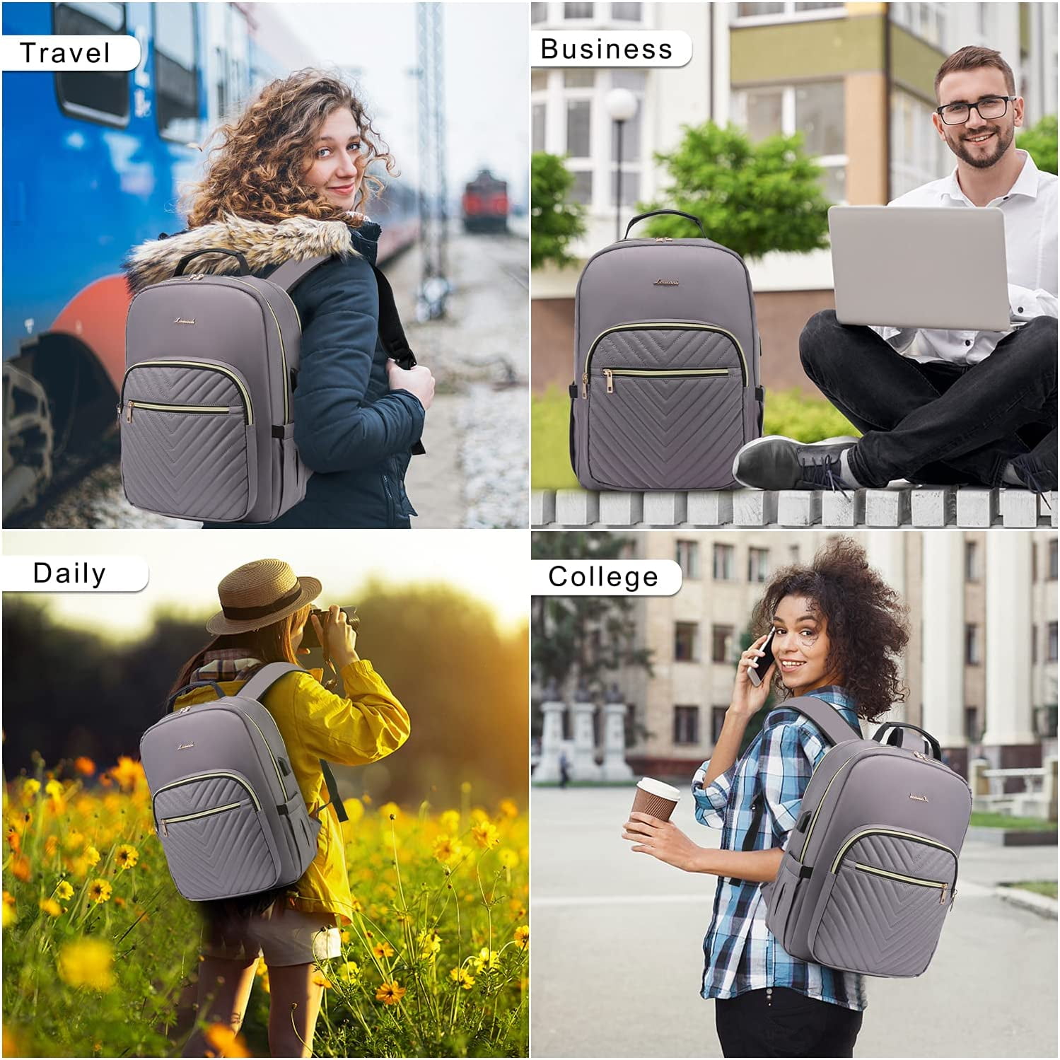 Lovevook Laptop Backpack for Women, 15.6" Quilted Travel Backpack with Anti-Thief Pocket, Teacher Backpack Book Bag Nurse Bag Purse with USB-Purple Gray