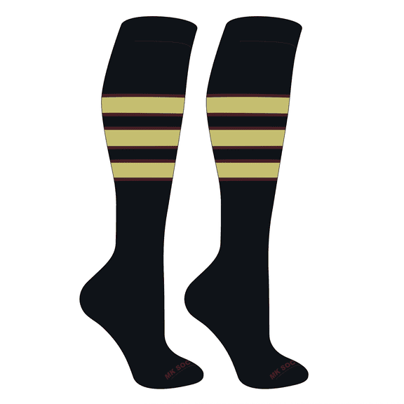 MK Socks Striped Knee High Baseball, Football Socks (C) Black, Maroon, Vegas Gold