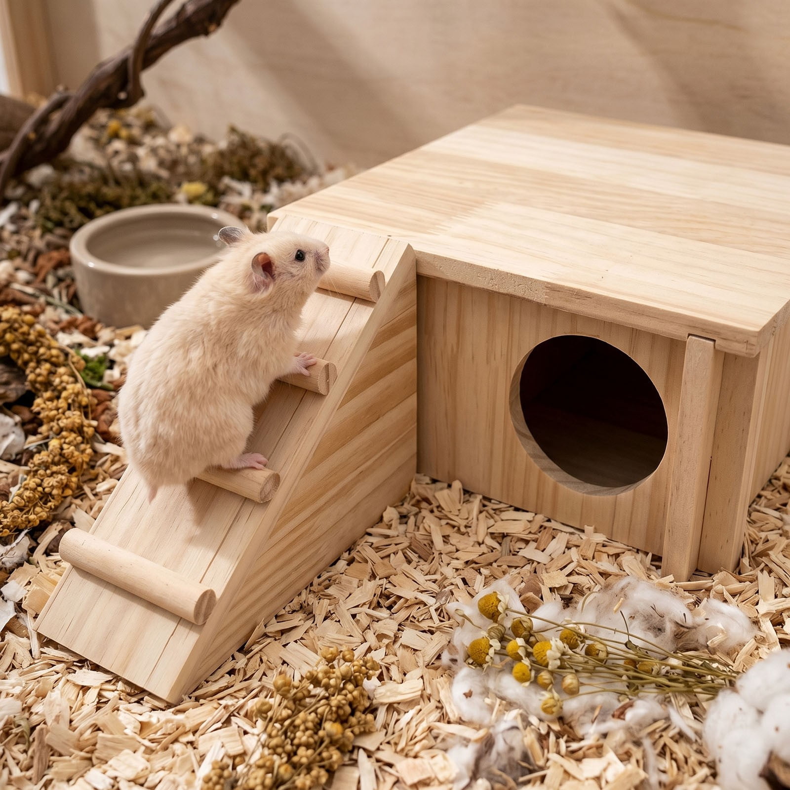 Wooden Hamster Hideout with Ladder - Natural Small Animal Habitat for Mice and Gerbils Indoor Wooden with Two- Design and Chew- Construction