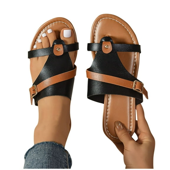 THDHVS Black Sandals Women,Sandals for Women 2025,Women's Fashion Casual Summer Style Solid Color Herringbone Slippers Flat Shoes Black 6