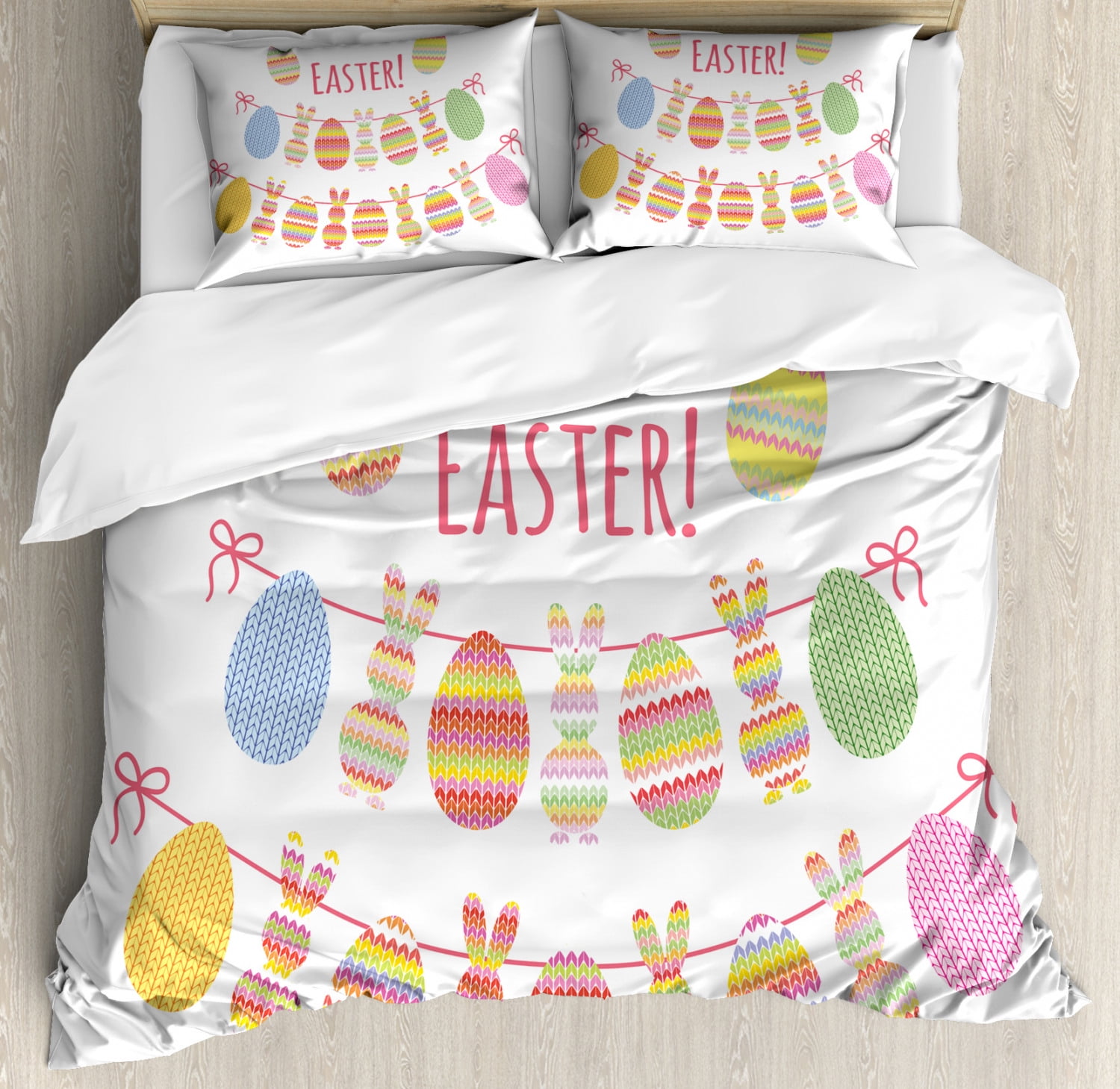 Easter Bunny Duvet Cover Set Queen Size, Happy Easter Typography with