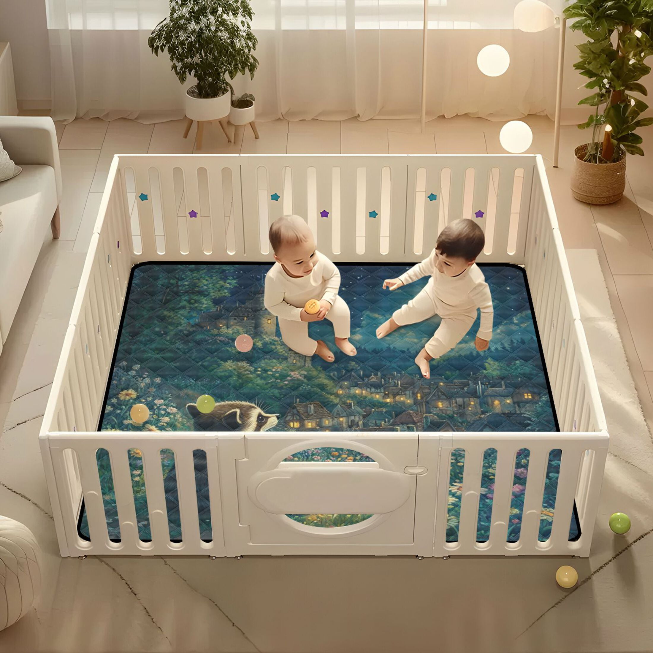 WOBOGO Raccoon Journey Baby Playmats Extra Large Waterproof Rollable Activity Pads for Toddlers 50×50inch