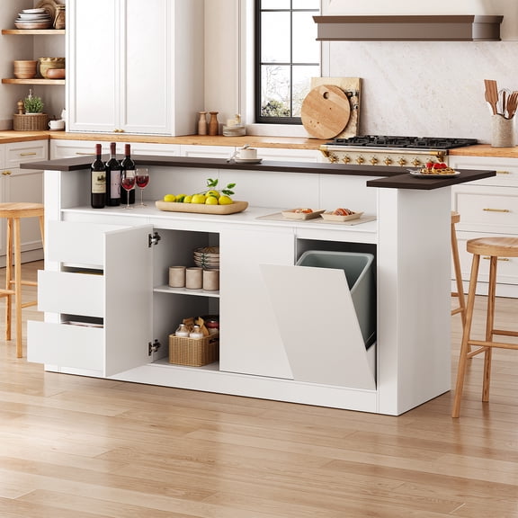 FOUHIU 86.6" Modern Kitchen Island with Built-in Trash Storage, Prep Station & Coffee Bar