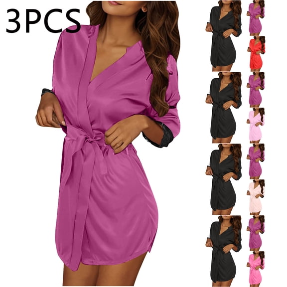Kilaqueen 3 Pieces Womens V Neck Satin Robes for Bride Bridesmaid Silk Bathrobes Silky Kimono Robe for Wedding Party Loungewear Lace Trim Sleepwear