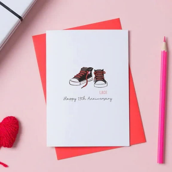 13th Anniversary Card - Stylish Lace-Up Sneakers Design - Blank Inside for Personal Messages - Perfect for Celebrating Your Special Day Together
