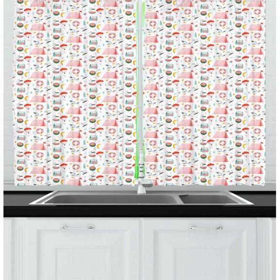 Summer Kitchen Curtains, Pattern of Beach Camping Tent Watermelon Life Seagulls Banana, Two Panels Drapes with Rod Pocket Room Decor, 55" X 45", Pale Pink Seafoam and Orange, by Ambesonne