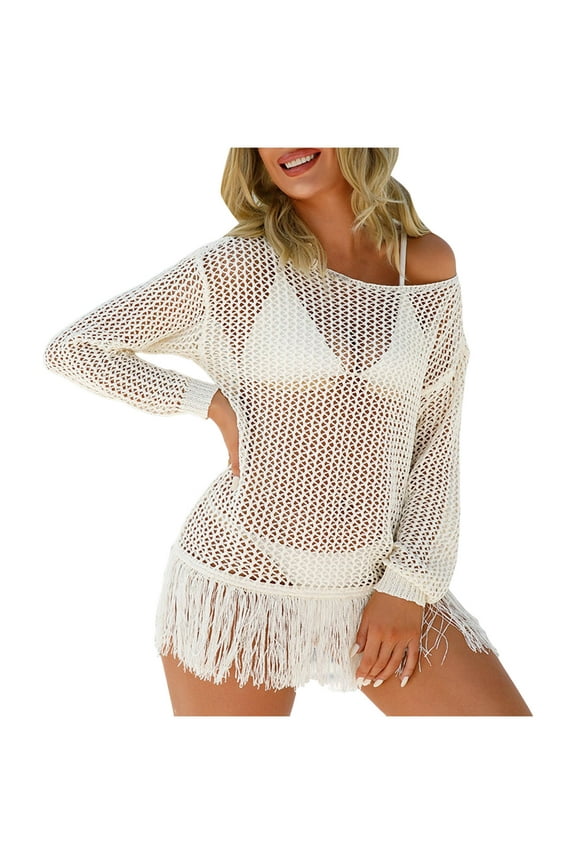 Womens Tassel Kaftan Swimsuit & Bikini Cover-Up Dress Solid Round Neck for Women Ideal for Beach, Poolside, and Vacation (Z14-Red,L)