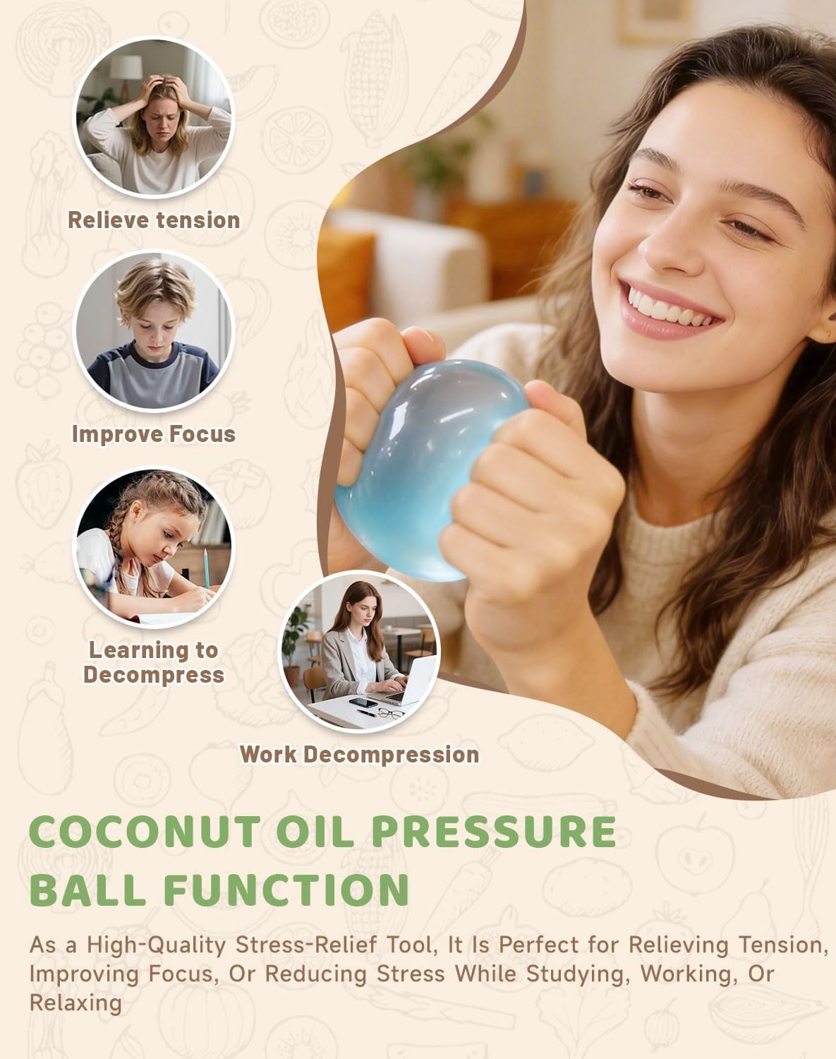 2026 New Coconut Oil Stress Ball, Squishy Slow-Rising Squeeze Ball, Odorless Non-Sticky Portable for Office Study Home